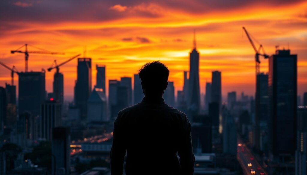 A bustling city skyline at dusk, with skyscrapers and cranes silhouetted against a vibrant orange-and-purple sky. In the foreground, a determined-looking person stands, facing the challenges ahead. The lighting is dramatic, casting long shadows and highlighting the person's expression of resolve. The scene evokes a sense of opportunity and growth amidst the obstacles of a dynamic career path. The overall composition conveys the themes of "Strategi Menghadapi Tantangan dan Membuka Peluang Karier".
