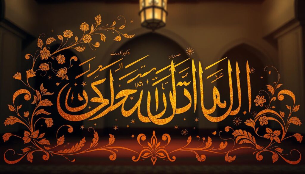 A calligraphic composition of traditional Islamic art, featuring intricate Arabic script elegantly flowing across the frame. The foreground showcases a central ornate calligraphic motif, rendered in lush shades of gold and warm ochre tones. The middle ground depicts stylized floral patterns and geometric designs, blending seamlessly to create a harmonious visual symphony. The background subtly hints at a dimly lit, contemplative setting, with soft, muted colors evoking a sense of reverence and spirituality. Crisp, dramatic lighting casts dramatic shadows, accentuating the depth and textures of the calligraphic elements. The overall composition conveys the timeless beauty and elegance of Islamic calligraphy, a powerful medium for religious education and artistic expression.