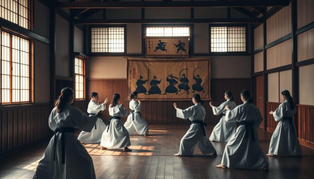 A dimly lit, traditional Japanese dojo with wooden floors and paper-paneled walls. In the foreground, a group of students in white keikogi uniforms practice the fluid, circular movements of kempo - an ancient martial art blending Chinese and Okinawan influences. Overhead, natural sunlight filters in through high windows, casting a warm glow and creating dramatic shadows. In the background, a weathered scroll depicts stylized figures in combat, hinting at the rich history and myths surrounding this enigmatic fighting style.