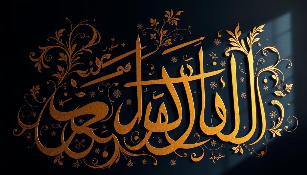 A lush, ornate Arabic calligraphy artwork, featuring intricate flourishes and elegant curves in shades of gold, copper, and deep indigo. The calligraphic forms are rendered with masterful precision, accentuated by delicate patterns and abstract motifs that dance across the composition. Subtle lighting casts dramatic shadows, heightening the sense of depth and three-dimensionality. The overall impression is one of timeless beauty, cultural richness, and the profound artistry inherent within the Arabic calligraphic tradition.