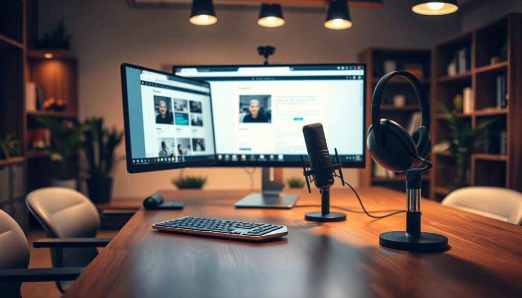 A modern, sleek office workspace with a polished wooden desk, a high-resolution monitor displaying a web browser, and a professional-grade microphone and headset. The scene is bathed in warm, ambient lighting from overhead fixtures, creating a cozy and productive atmosphere. In the background, a neatly organized bookshelf and potted plants add a touch of natural elegance. The overall composition emphasizes the tools and infrastructure needed for an efficient online consulting workflow, reflecting the subject of the article section.