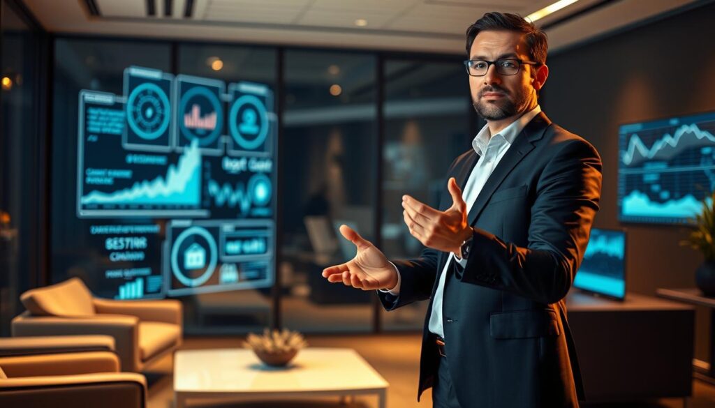 A professional digital transformation consultant stands confidently in a modern office, surrounded by holographic data visualizations and sleek, minimalist furnishings. Warm, directional lighting casts dramatic shadows, highlighting the consultant's focused expression as they gesticulate, guiding the viewer through a presentation on the latest enterprise technologies. The scene conveys a sense of authority, innovation, and a commitment to unlocking new digital opportunities for the client. The overall atmosphere is one of sophistication, technical expertise, and a forward-thinking approach to business transformation.