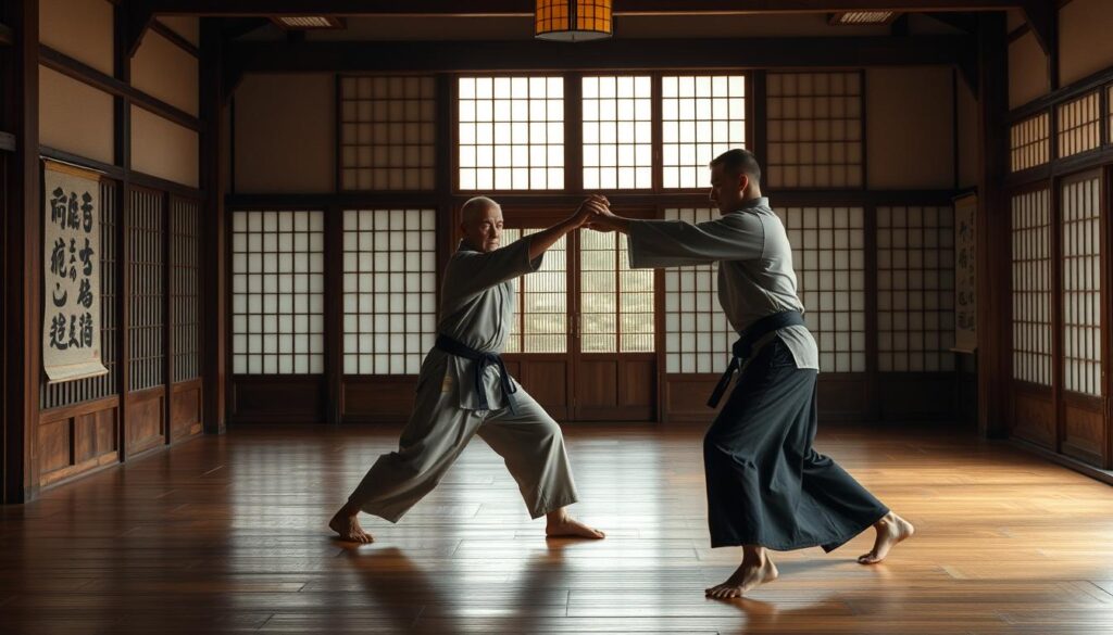 A serene dojo interior, dimly lit with soft, natural lighting filtering through shoji screens. In the foreground, two practitioners of traditional Kempo martial arts engage in a fluid, coordinated exchange of strikes and blocks, their movements precise and disciplined. Wooden floors, exposed beams, and calligraphic wall scrolls create an authentic, time-honored atmosphere. The practitioners' expressions are focused, their bodies in harmony as they perfect the katas and techniques of this ancient Japanese art. The scene conveys a sense of tranquility, discipline, and the mastery of both mind and body.