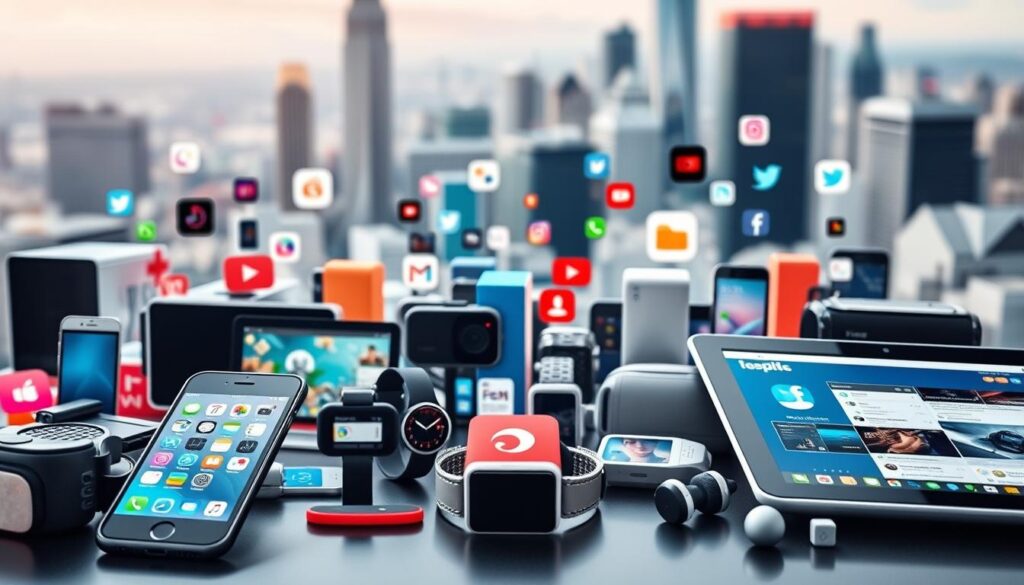 A vibrant and dynamic social media landscape, with a variety of platforms and devices prominently displayed. In the foreground, a smartphone, laptop, and tablet are arranged, each showcasing different social media apps and interfaces. In the middle ground, a diverse array of internet-connected devices, such as smartwatches and virtual reality headsets, suggest the pervasive nature of social media in modern life. The background features a blurred cityscape, hinting at the global reach and influence of social media. The overall scene conveys a sense of interconnectedness, innovation, and the ubiquity of social media in contemporary digital culture.