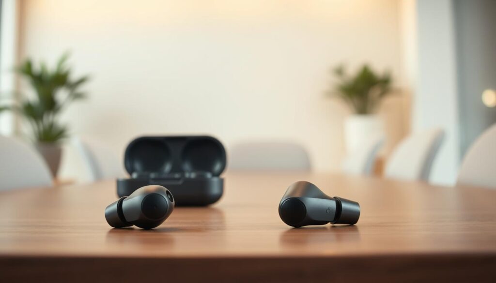 A close-up view of high-quality microphone earbuds designed for optimal call clarity, featuring sleek, modern design elements. The earbuds should be placed prominently in the foreground, showcasing their distinct features such as noise-cancellation technology and a built-in microphone. In the middle ground, softly blurred, a stylish charging case to highlight portability. The background should be a simple, muted office environment that conveys a professional atmosphere, with a warm, soft light illuminating the scene to create an inviting mood. Use a shallow depth of field, focusing on the earbuds while ensuring the background remains subtly supportive of the primary subject. Aim for a clean, high-definition image that emphasizes the earbuds' functionality and aesthetic appeal. A close-up view of high-quality microphone earbuds designed for optimal call clarity, featuring sleek, modern design elements. The earbuds should be placed prominently in the foreground, showcasing their distinct features such as noise-cancellation technology and a built-in microphone. In the middle ground, softly blurred, a stylish charging case to highlight portability. The background should be a simple, muted office environment that conveys a professional atmosphere, with a warm, soft light illuminating the scene to create an inviting mood. Use a shallow depth of field, focusing on the earbuds while ensuring the background remains subtly supportive of the primary subject. Aim for a clean, high-definition image that emphasizes the earbuds' functionality and aesthetic appeal.