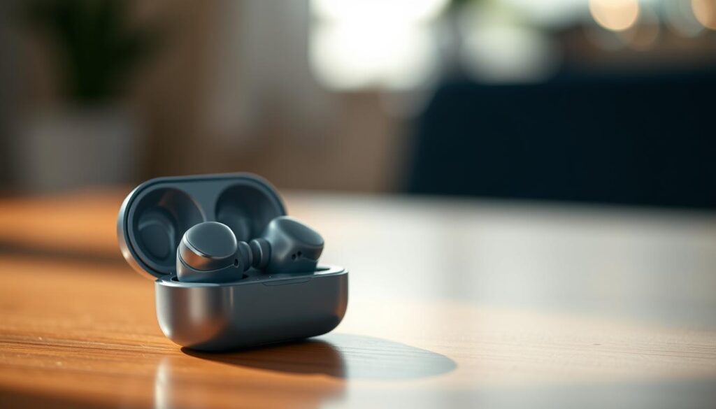 A close-up view of high-quality wireless earbuds, elegantly designed, showcasing the Samsung Galaxy Buds Core in a sleek charging case. The earbuds should be depicted resting on a wooden surface, with soft natural lighting highlighting their glossy finish. In the background, a subtle gradient fades into a bokeh effect to give depth, suggesting an upscale audio environment. Focus on the intricate details of the earbuds, like their ergonomic shape and microphone openings, while keeping the overall composition harmonious and balanced. The mood should evoke sophistication and modern technology, ideal for a performance audio discussion. The angle captures the earbuds slightly off-center, emphasizing their design and quality. A close-up view of high-quality wireless earbuds, elegantly designed, showcasing the Samsung Galaxy Buds Core in a sleek charging case. The earbuds should be depicted resting on a wooden surface, with soft natural lighting highlighting their glossy finish. In the background, a subtle gradient fades into a bokeh effect to give depth, suggesting an upscale audio environment. Focus on the intricate details of the earbuds, like their ergonomic shape and microphone openings, while keeping the overall composition harmonious and balanced. The mood should evoke sophistication and modern technology, ideal for a performance audio discussion. The angle captures the earbuds slightly off-center, emphasizing their design and quality.