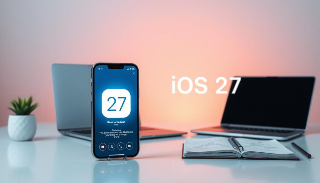 A sleek and modern digital display showcasing the release schedule for "iOS 27," prominently featuring a futuristic interface. In the foreground, an illuminated smartphone displaying the Apple logo, with the iOS 27 interface visible on the screen, highlighting upcoming features. The middle ground features a clean desk setup with minimalistic elements, such as a laptop and a notepad with sketches of the iPhone 15. The background includes a subtle gradient representation of a city skyline, symbolizing technological advancement, enhanced by soft, warm lighting that creates an inviting atmosphere. The overall mood is professional and innovative, ideal for capturing the excitement of new tech releases, with a focus on clarity and modern aesthetics.