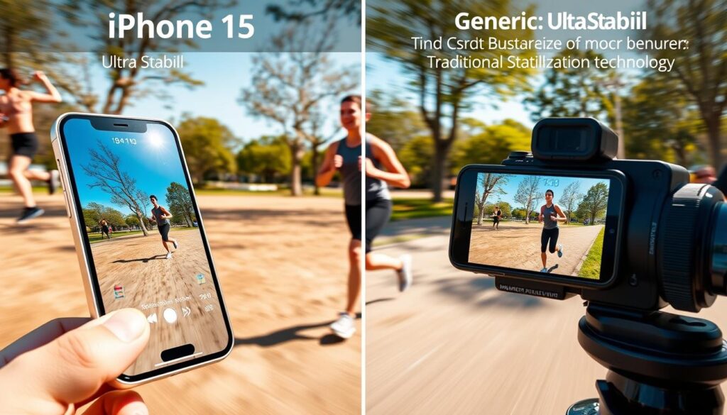 A split-screen image comparing two popular video stabilization technologies. On the left, showcase the iPhone 15 in sleek silver with a clear view of its "Ultra Stabil" mode, capturing a runner jogging smoothly despite rough terrain. On the right, display a generic camera using traditional stabilization technology, showing a visibly shaky video of the same runner. The foreground focuses on the iPhone displaying its vibrant screen with a graphical overlay of stability metrics. The middle ground features the runner, keenly dressed in professional athletic gear, in mid-stride. The background is a dynamic outdoor park scene with blurred motion effects, emphasizing speed. Use bright, natural lighting to create an energetic and engaging atmosphere, with a slight angle to mimic a filming perspective.