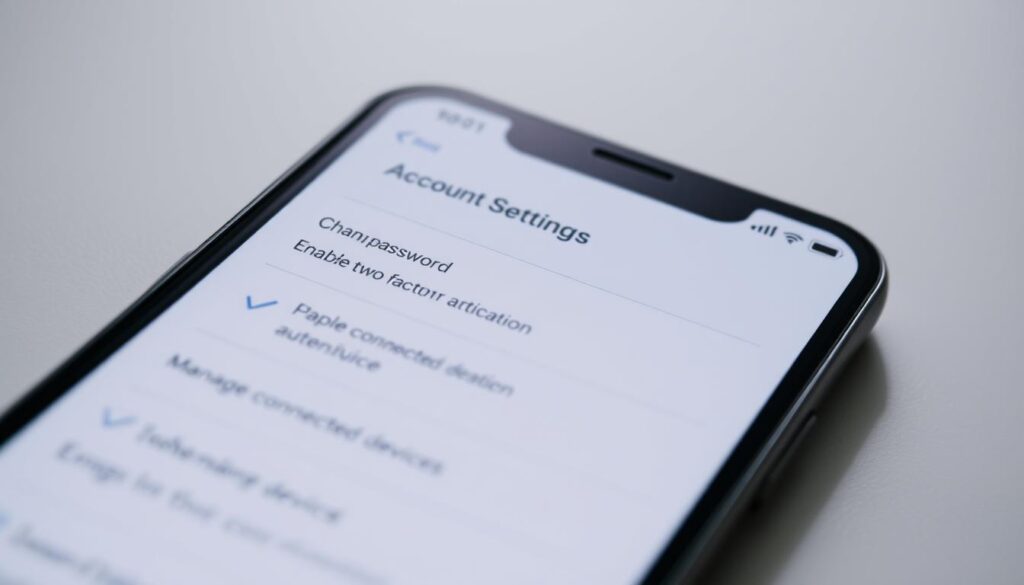 A well-lit closeup of a smartphone screen displaying an account security settings menu. The menu features options for changing password, enabling two-factor authentication, and managing connected devices. The background is blurred, placing the focus on the screen's crisp details. The lighting is soft and directional, casting subtle shadows that add depth and dimension. The overall mood is one of security, precision, and control, conveying the importance of proper account management.
