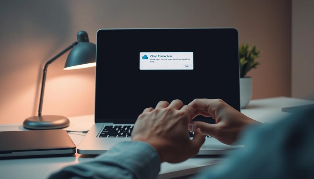 A well-lit office desk with a modern MacBook Pro prominently displayed, its sleek aluminum body gleaming under soft, directional lighting. On the screen, a dialog box appears, indicating an iCloud connection issue with a cryptic "unknown error" message. In the foreground, a pair of human hands delicately manipulate the laptop, searching for a solution. The background is subtly blurred, drawing the viewer's focus to the problem at hand. The overall mood is one of calm concentration, with a touch of frustration at the technical challenge. The image should convey a sense of the user's determination to resolve the connectivity problem and get their Mac back online.