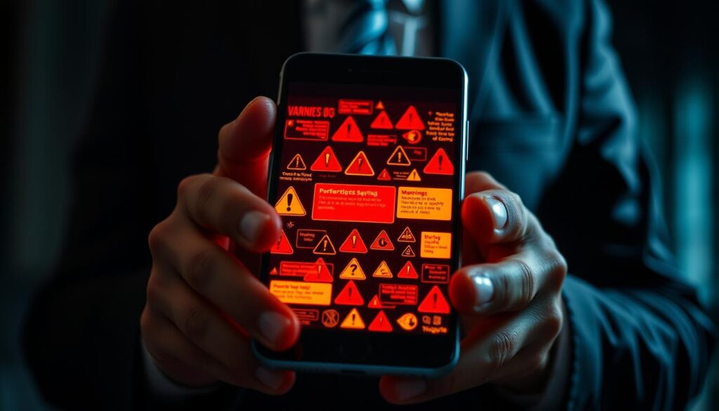 A close-up detailed view of a smartphone screen displaying warning signs of a malware-infected device. The foreground features a glowing screen filled with red and yellow warning icons such as exclamation marks, warning triangles, and pop-up alerts, suggesting danger. In the middle layer, the smartphone is held by a pair of hands wearing professional business attire, indicating concern. The background includes a blurred, dimly lit room that evokes a sense of urgency and fear, with shadows highlighting the tension. The lighting is moody, with a focus on the phone screen, creating a stark contrast against the dark background. The atmosphere is tense and alarming, illustrating the potential threat of harmful applications. A close-up detailed view of a smartphone screen displaying warning signs of a malware-infected device. The foreground features a glowing screen filled with red and yellow warning icons such as exclamation marks, warning triangles, and pop-up alerts, suggesting danger. In the middle layer, the smartphone is held by a pair of hands wearing professional business attire, indicating concern. The background includes a blurred, dimly lit room that evokes a sense of urgency and fear, with shadows highlighting the tension. The lighting is moody, with a focus on the phone screen, creating a stark contrast against the dark background. The atmosphere is tense and alarming, illustrating the potential threat of harmful applications.