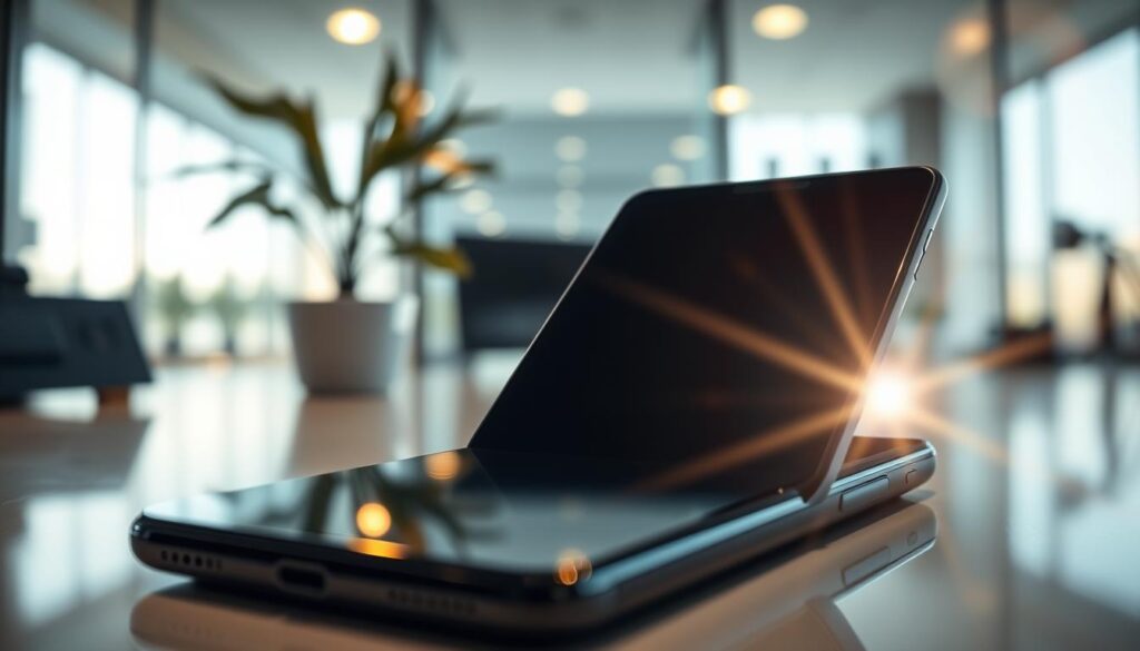 A close-up of a high-end smartphone featuring a vibrant AMOLED display. In the foreground, the phone is angled slightly to showcase the vivid, deep blacks and rich colors of the screen, highlighting the contrast and clarity. The middle ground includes reflections of a serene indoor environment with soft, diffused lighting that enhances the screen's luminosity. In the background, blurred silhouettes of technology-themed decor subtly contribute to the ambiance, suggesting a modern lifestyle. The image captures a professional atmosphere, with the smartphone resting on a sleek surface. Use a lens flare effect for added visual intrigue while keeping the overall mood sophisticated and inviting, emphasizing the technological elegance of AMOLED screens.