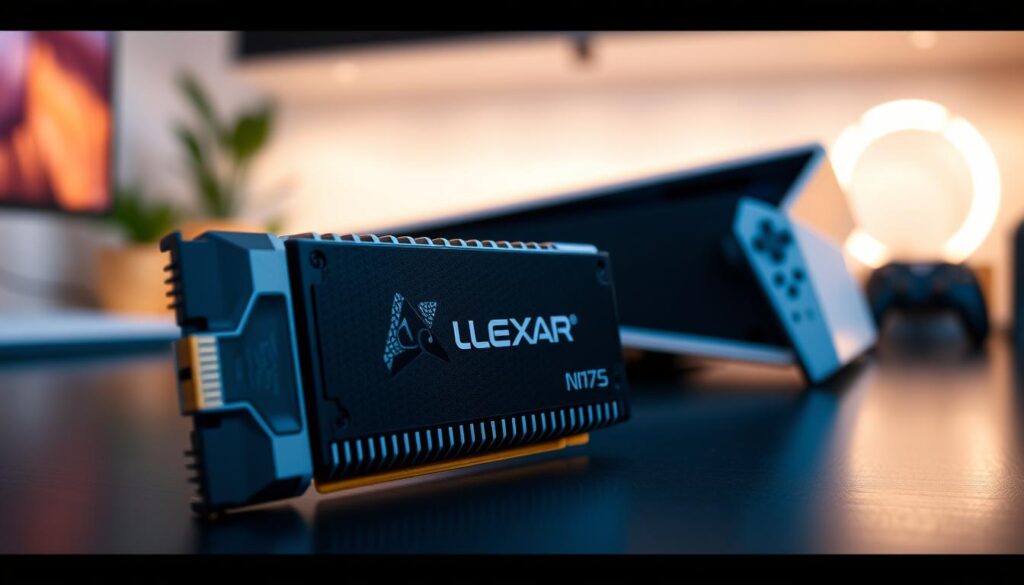 A close-up shot of the Lexar NM790 SSD, prominently displaying its sleek, modern design with a stylish heatsink attached. In the foreground, capture the shimmering metallic texture of the heatsink and the intricate detailing of the SSD itself, showcasing its branding. The middle ground should feature a blurred gaming console, hinting at compatibility with the PS5, creating an atmosphere of gaming technology. In the background, use a softly lit workspace setting, with ambient lighting that enhances the focus on the SSD. The overall mood should be professional and inviting, emphasizing innovation and reliability. The image should be sharp and detailed, with a slight angle perspective to provide depth.