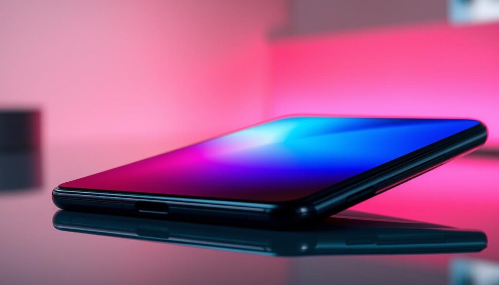 A close-up view of a vibrant AMOLED screen displaying a rich color palette, emphasizing deep blacks and vivid hues. The foreground features a sleek, modern smartphone, angled slightly to catch the light, showcasing the display’s clarity and brightness. In the middle ground, a well-lit workspace highlights the phone against a subtle gradient backdrop that complements the color scheme of the screen. Soft reflections can be seen on the sleek glass surface, adding depth and realism. The atmosphere is calm and professional, suggesting high-end technology. The scene is illuminated with soft, diffused lighting, creating an inviting and informative mood, ideal for understanding AMOLED screen quality.