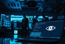 A dimly lit, high-tech room filled with computers displaying surveillance data, highlighting the theme of "stalkerware." In the foreground, a sleek laptop with a glowing screen showcases a user interface of a spy application, with an invisible eye symbol subtly embedded. The middle layer features shadowy figures in professional business attire, engaged in clandestine activities while glancing cautiously at their devices. The background consists of monitors with graphs and indicators of user activity, creating an atmosphere of intrigue and tension. Utilize soft focus on the figures to emphasize anonymity, and add dark blue and green lighting for a suspenseful mood. The image should capture the essence of digital surveillance without depicting any explicit or inappropriate content.