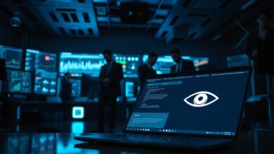 A dimly lit, high-tech room filled with computers displaying surveillance data, highlighting the theme of "stalkerware." In the foreground, a sleek laptop with a glowing screen showcases a user interface of a spy application, with an invisible eye symbol subtly embedded. The middle layer features shadowy figures in professional business attire, engaged in clandestine activities while glancing cautiously at their devices. The background consists of monitors with graphs and indicators of user activity, creating an atmosphere of intrigue and tension. Utilize soft focus on the figures to emphasize anonymity, and add dark blue and green lighting for a suspenseful mood. The image should capture the essence of digital surveillance without depicting any explicit or inappropriate content.