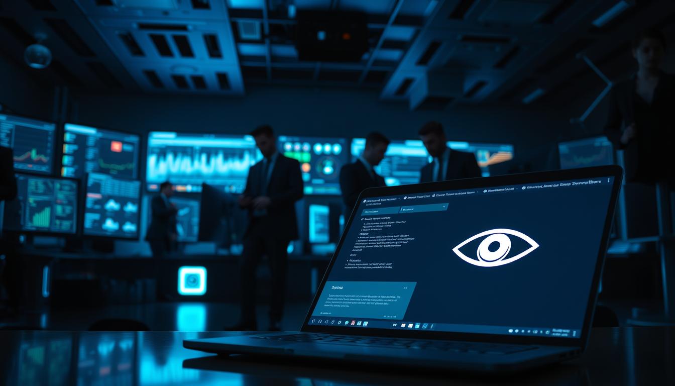 A dimly lit, high-tech room filled with computers displaying surveillance data, highlighting the theme of "stalkerware." In the foreground, a sleek laptop with a glowing screen showcases a user interface of a spy application, with an invisible eye symbol subtly embedded. The middle layer features shadowy figures in professional business attire, engaged in clandestine activities while glancing cautiously at their devices. The background consists of monitors with graphs and indicators of user activity, creating an atmosphere of intrigue and tension. Utilize soft focus on the figures to emphasize anonymity, and add dark blue and green lighting for a suspenseful mood. The image should capture the essence of digital surveillance without depicting any explicit or inappropriate content.