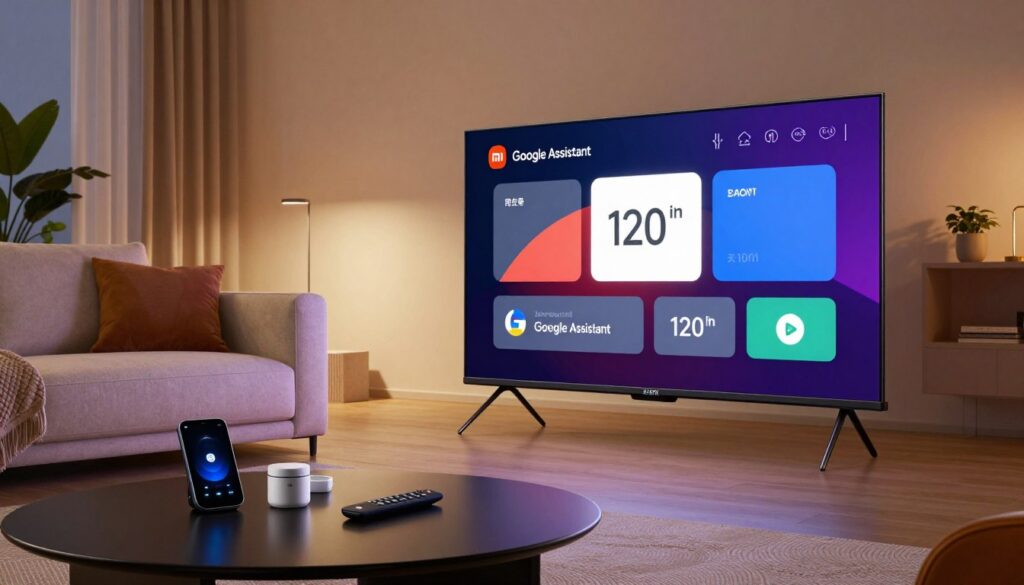 A futuristic living room featuring a sleek, modern Xiaomi Smart TV with a vibrant 120-inch display showcasing the Google Assistant interface. In the foreground, there’s a stylish coffee table with smart gadgets and a remote control. The middle ground reveals a comfortable sofa facing the TV, adorned with plush cushions, reflecting a cozy yet tech-savvy environment. The background includes soft ambient lighting, creating an inviting atmosphere, with decorative elements such as plants and contemporary shelving. The overall mood is sophisticated and innovative, emphasizing the advanced smart connectivity of the Xiaomi TV. The scene is brightly lit, highlighting the rich colors of the TV screen and furnishings, captured with a slight angle to accentuate depth and perspective.