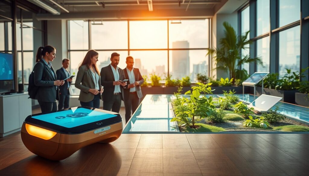 A futuristic workspace showcasing eco-friendly technology innovations. In the foreground, a sleek, modern gadget made from sustainable materials, such as bamboo and recycled metals, with a soft glow emanating from its screen. In the middle ground, a diverse team of professionals dressed in smart casual clothing, actively collaborating around a large digital table with holographic displays, highlighting eco-conscious designs and features. In the background, large windows overlook a green rooftop garden filled with plants and solar panels, under a bright, sunny sky that casts warm, inviting light into the space. The atmosphere conveys optimism and innovation, emphasizing a commitment to environmental sustainability. The overall composition is dynamic, focusing on the harmonious blend of technology and nature.