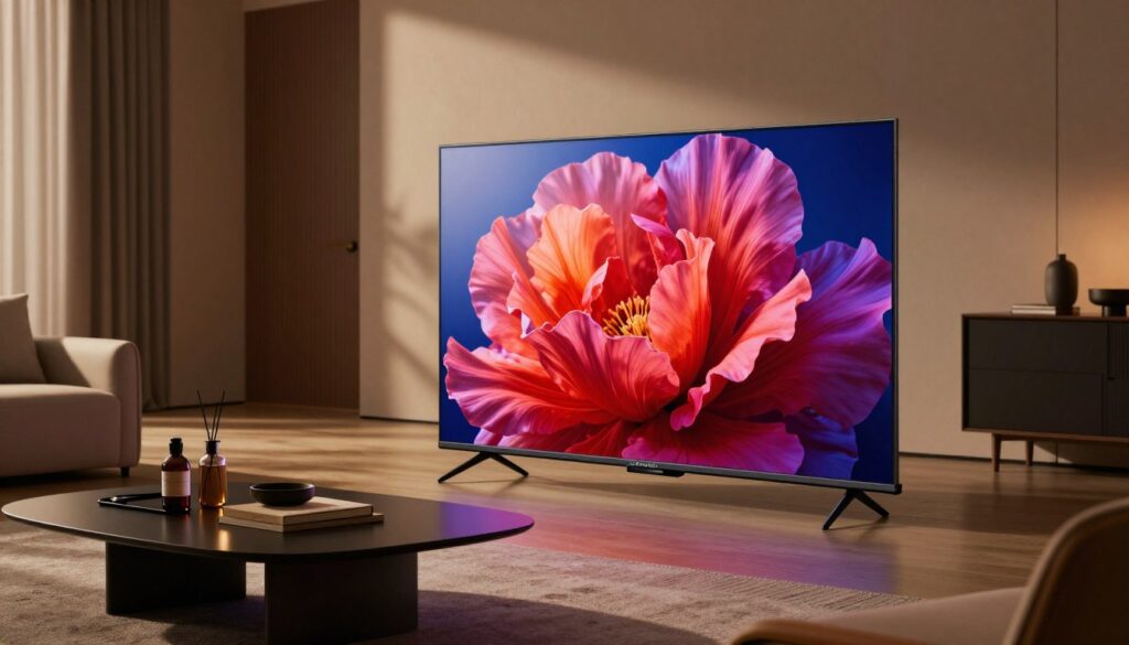 A high-resolution image showcasing a modern living room with a large Xiaomi Smart TV featuring Dolby Vision and mini LED technology. In the foreground, the sleek TV displays an impressive high-definition image with vibrant colors and sharp contrasts, emphasizing the latest visual performance. The middle ground includes a stylish, minimalistic coffee table adorned with a few decorative items, setting an inviting atmosphere. In the background, warm ambient lighting creates a cozy environment, with soft shadows highlighting the contours of elegant furniture. Capture the scene from a slightly angled viewpoint to accentuate the TV’s features. The overall mood is sophisticated and excites the viewer about enhanced viewing experiences, reflecting advanced technology in a contemporary home setting.