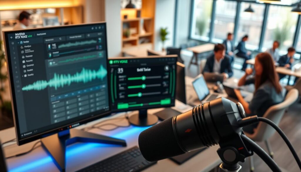 A sleek, modern office setup showcasing the NVIDIA RTX Voice application on a high-resolution computer screen. In the foreground, a professional microphone with USB connectivity is prominently placed, showcasing its dynamic capabilities. The middle ground features a neatly arranged workspace with monitors displaying sound waveforms and adjustment sliders of the RTX Voice settings, illuminated with soft blue and green backlighting to create a tech-savvy atmosphere. In the background, a bustling café and coworking space are subtly depicted, with focused individuals in professional attire using laptops and engaging in conversation. The lighting is warm and inviting, emphasizing productivity and collaboration, captured from a slightly elevated angle for an expansive view. The overall mood is dynamic and contemporary, reflecting effective audio management in a lively environment.