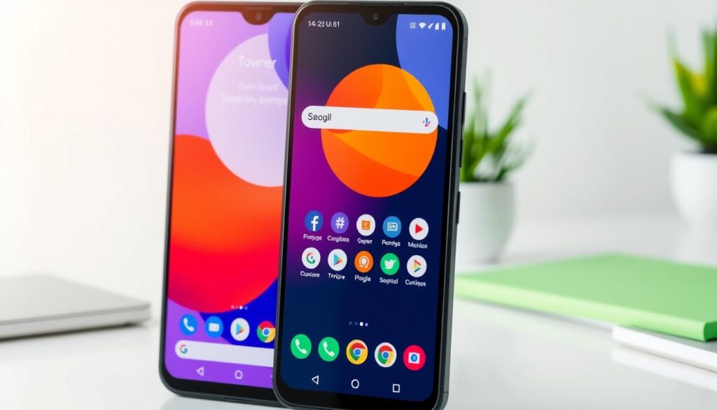 A sleek, modern smartphone interface featuring Pixel UI contrasted against One UI 6.1, set against a clean, minimalist workspace background. In the foreground, showcase the Pixel UI with its vibrant colors and organized layout, emphasizing the intuitive design elements such as rounded corners and ample white space. In the middle ground, display the One UI 6.1, illustrating its more cluttered aesthetic with heavier use of icons and shadows. The background should be softly blurred, incorporating bright, natural lighting that highlights the crispness of the interfaces, creating a professional yet inviting atmosphere. The scene should evoke a sense of clarity and simplicity, focusing on the innovative aspects of the Pixel UI design.