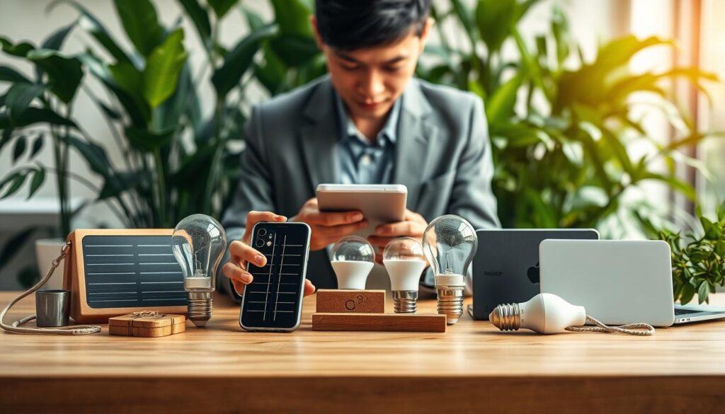 A visually appealing composition showcasing eco-friendly gadgets arranged on a natural wooden table, with lush green plants in the background. In the foreground, feature a person in professional attire, examining a sleek solar-powered device, exuding curiosity and intention. The middle ground includes various gadgets like a stylish bamboo phone case, energy-efficient light bulbs, and a biodegradable laptop, all set amid soft natural lighting that highlights their textures and colors. The background should be blurred slightly to create depth while maintaining the natural ambiance, evoking a sense of sustainability and modernity. The overall mood should feel serene and inspiring, encouraging viewers to consider the importance of eco-conscious choices in technology.