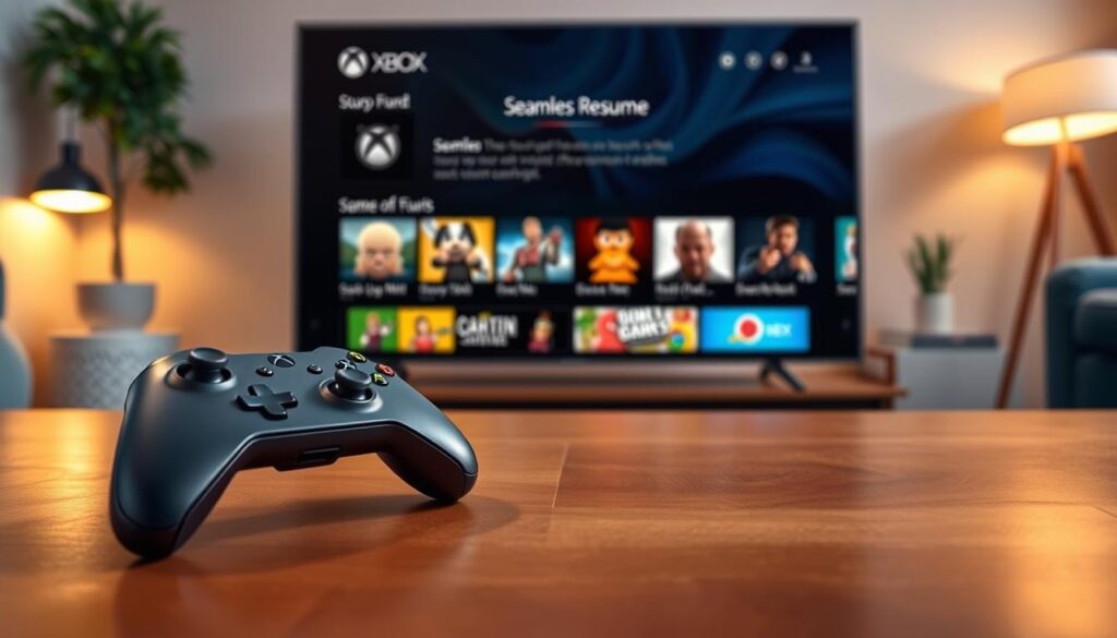 A visually engaging depiction of a gaming interface featuring the Xbox Quick Resume function. In the foreground, a sleek Xbox controller rests on a stylish wooden table, with a modern TV displaying five game icons in vibrant colors, representing different genres. The middle section highlights a user-friendly dashboard showcasing seamless navigation, as if a player is effortlessly switching between games. The background reveals a cozy gaming room with soft ambient lighting, highlighting the excitement of gaming. The atmosphere is relaxed yet dynamic, capturing a sense of anticipation and ease that Quick Resume offers. Use warm tones to create an inviting feel, with a slight depth of field effect to emphasize the controller and dashboard in crisp focus. A visually engaging depiction of a gaming interface featuring the Xbox Quick Resume function. In the foreground, a sleek Xbox controller rests on a stylish wooden table, with a modern TV displaying five game icons in vibrant colors, representing different genres. The middle section highlights a user-friendly dashboard showcasing seamless navigation, as if a player is effortlessly switching between games. The background reveals a cozy gaming room with soft ambient lighting, highlighting the excitement of gaming. The atmosphere is relaxed yet dynamic, capturing a sense of anticipation and ease that Quick Resume offers. Use warm tones to create an inviting feel, with a slight depth of field effect to emphasize the controller and dashboard in crisp focus.