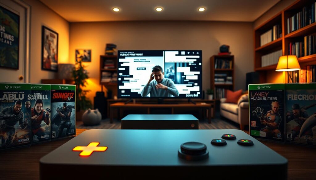 A visually striking image illustrating the concept of "Xbox Quick Resume" issues. In the foreground, an Xbox console with illuminated buttons, surrounded by five diverse gaming cases, each showcasing different genres. In the middle ground, a split-screen effect depicts a gamer in a well-lit, modern living room, looking frustrated while navigating a glitched interface on their TV. The background features a cozy, dimly lit gaming nook with shelves filled with games, creating a contrast between the chaos of troubleshooting and the comfort of gaming culture. The lighting is warm and inviting, with a focus on the console, evoking a playful yet tense atmosphere. The overall mood captures the struggle of maintaining game progress while inviting curiosity about the Quick Resume feature. A visually striking image illustrating the concept of "Xbox Quick Resume" issues. In the foreground, an Xbox console with illuminated buttons, surrounded by five diverse gaming cases, each showcasing different genres. In the middle ground, a split-screen effect depicts a gamer in a well-lit, modern living room, looking frustrated while navigating a glitched interface on their TV. The background features a cozy, dimly lit gaming nook with shelves filled with games, creating a contrast between the chaos of troubleshooting and the comfort of gaming culture. The lighting is warm and inviting, with a focus on the console, evoking a playful yet tense atmosphere. The overall mood captures the struggle of maintaining game progress while inviting curiosity about the Quick Resume feature.