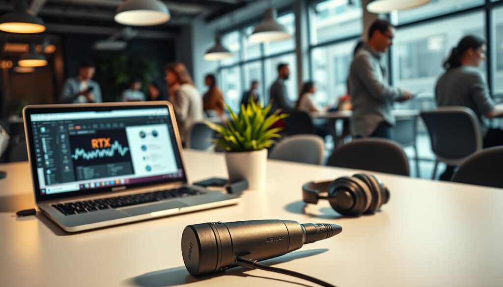 A well-lit, modern workspace featuring a dynamic USB microphone set up on a sleek desk. The foreground shows the microphone, intricately designed with a matte finish, connected to a laptop displaying the RTX Voice software interface. In the middle, a pair of headphones rests casually on the desk, and a vibrant potted plant adds a touch of life. In the background, there's a blurred silhouette of a coworking space bustling with professionals in modest casual clothing, engaging in work and conversation. The lighting is bright but soft, creating a welcoming atmosphere. The angle captures the workspace from a slight top-down view, emphasizing the tech setup while promoting productivity and collaboration in a modern setting.