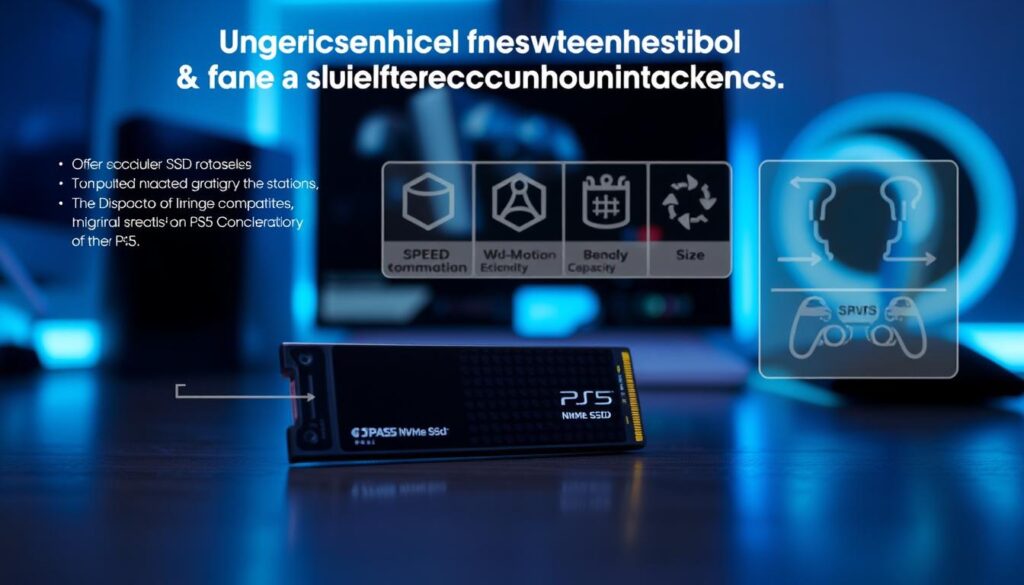 An informative and visually engaging image depicting the essential factors for choosing an SSD compatible with the PS5. In the foreground, showcase a high-quality, sleek NVMe SSD prominently, with labels highlighting important specifications like speed and capacity. In the middle ground, include graphical representations of various compatibility features, such as heat dissipation or size comparisons, illustrated with crisp icons and symbols. The background should feature a stylized gaming setup, incorporating soft blue lighting to evoke a high-tech atmosphere. The overall mood should be focused and professional, aimed at gamers seeking to upgrade their PS5. Use a slight depth of field for a polished look, emphasizing the SSD while keeping the gaming setup subtly in focus.