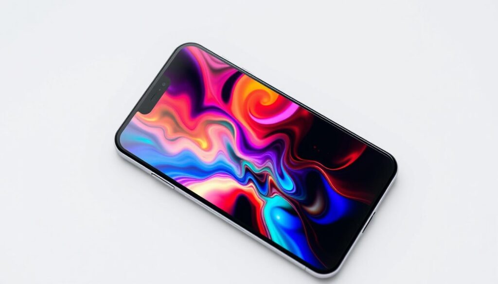 Gambar HP dengan layar AMOLED yang menampilkan konten dengan warna cerah