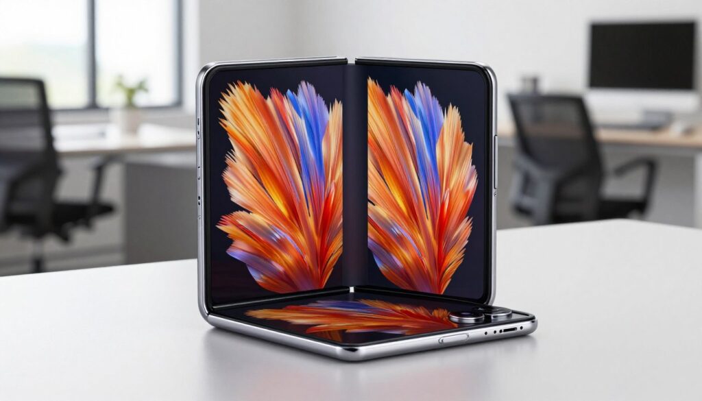 A premium foldable smartphone displayed prominently in a modern office setting. The smartphone's screen is open, showcasing a vibrant, high-resolution display with vivid colors and sharp details, highlighting its impressive brightness. In the foreground, the device is angled to display both the open and closed views, revealing its sleek design and edge-to-edge screen. The background features a soft-focus view of a contemporary workspace with minimalistic furniture, emphasizing a professional atmosphere. Natural lighting streams in from a nearby window, accentuating the smartphone’s glossy finish and the clarity of its display. The overall mood is sophisticated and cutting-edge, reflecting the innovative technology of premium foldable devices. A premium foldable smartphone displayed prominently in a modern office setting. The smartphone's screen is open, showcasing a vibrant, high-resolution display with vivid colors and sharp details, highlighting its impressive brightness. In the foreground, the device is angled to display both the open and closed views, revealing its sleek design and edge-to-edge screen. The background features a soft-focus view of a contemporary workspace with minimalistic furniture, emphasizing a professional atmosphere. Natural lighting streams in from a nearby window, accentuating the smartphone’s glossy finish and the clarity of its display. The overall mood is sophisticated and cutting-edge, reflecting the innovative technology of premium foldable devices.