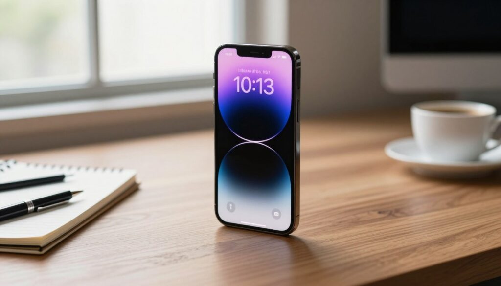 A sleek, modern iPhone Pro Max prominently displayed on a stylish wooden table, surrounded by subtle elements like a notepad with a pen and a coffee cup, reflecting a productive environment. The phone's screen shows an attractive interface featuring the price in Indonesian Rupiah, subtly integrated, with a focus on its elegant design. Soft, natural lighting filters through a nearby window, creating a warm and inviting atmosphere. In the background, blurred out but recognizable, there are hints of a contemporary workspace, suggesting a blend of technology and lifestyle. The composition exudes an air of sophistication and premium quality, ideal for illustrating the investment aspect of high-end technology.