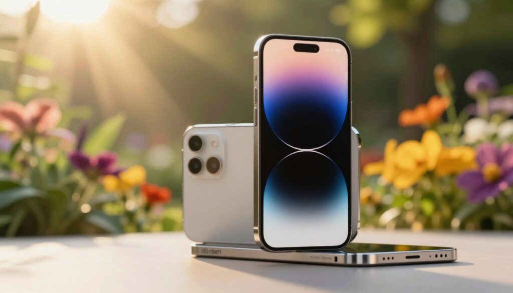 A sleek, modern iPhone prominently displayed in the foreground, showcasing its advanced camera features like multiple lenses reflecting soft ambient light. The phone rests on a clean, smooth surface, with a blurred background of nature, highlighting a vibrant scene filled with colorful flowers and greenery, as if captured by the phone itself. Rays of golden sunlight filter through the leaves, creating a warm, inviting atmosphere that suggests innovation and clarity. The angle is slightly tilted, giving a dynamic perspective that emphasizes the phone’s elegance. This image embodies the essence of "Visual Intelligence", portraying the iPhone as a sophisticated tool for capturing stunning images with intelligent technology.