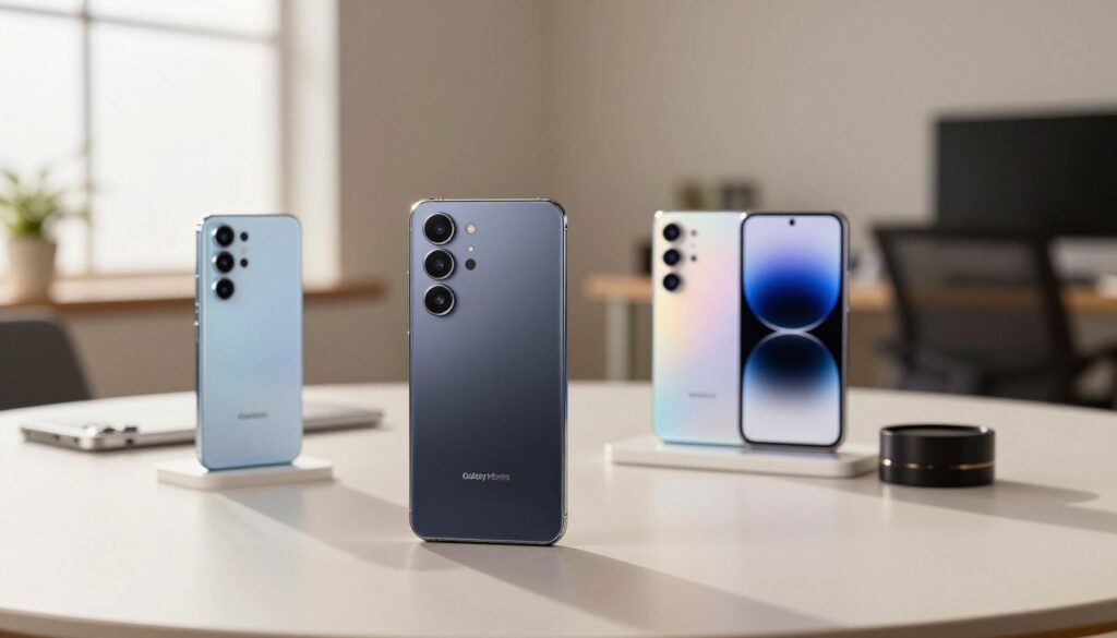 A sleek, modern smartphone comparison setup featuring the Galaxy M Series camera alongside its competitors. In the foreground, display the Galaxy M Series phone on an elegant, minimalist table, with its camera prominently highlighted. Include two other smartphones from competing brands, showcasing their camera specifications in an appealing layout. The middle ground should include subtle product details, such as camera lenses and branding, softly illuminated by natural light coming from a nearby window, creating a warm and inviting atmosphere. The background should be a stylish office environment, with neutral colors and professional decor. Capture the scene with a shallow depth of field to focus on the phones, conveying a mood of professionalism and technology insight. A sleek, modern smartphone comparison setup featuring the Galaxy M Series camera alongside its competitors. In the foreground, display the Galaxy M Series phone on an elegant, minimalist table, with its camera prominently highlighted. Include two other smartphones from competing brands, showcasing their camera specifications in an appealing layout. The middle ground should include subtle product details, such as camera lenses and branding, softly illuminated by natural light coming from a nearby window, creating a warm and inviting atmosphere. The background should be a stylish office environment, with neutral colors and professional decor. Capture the scene with a shallow depth of field to focus on the phones, conveying a mood of professionalism and technology insight.